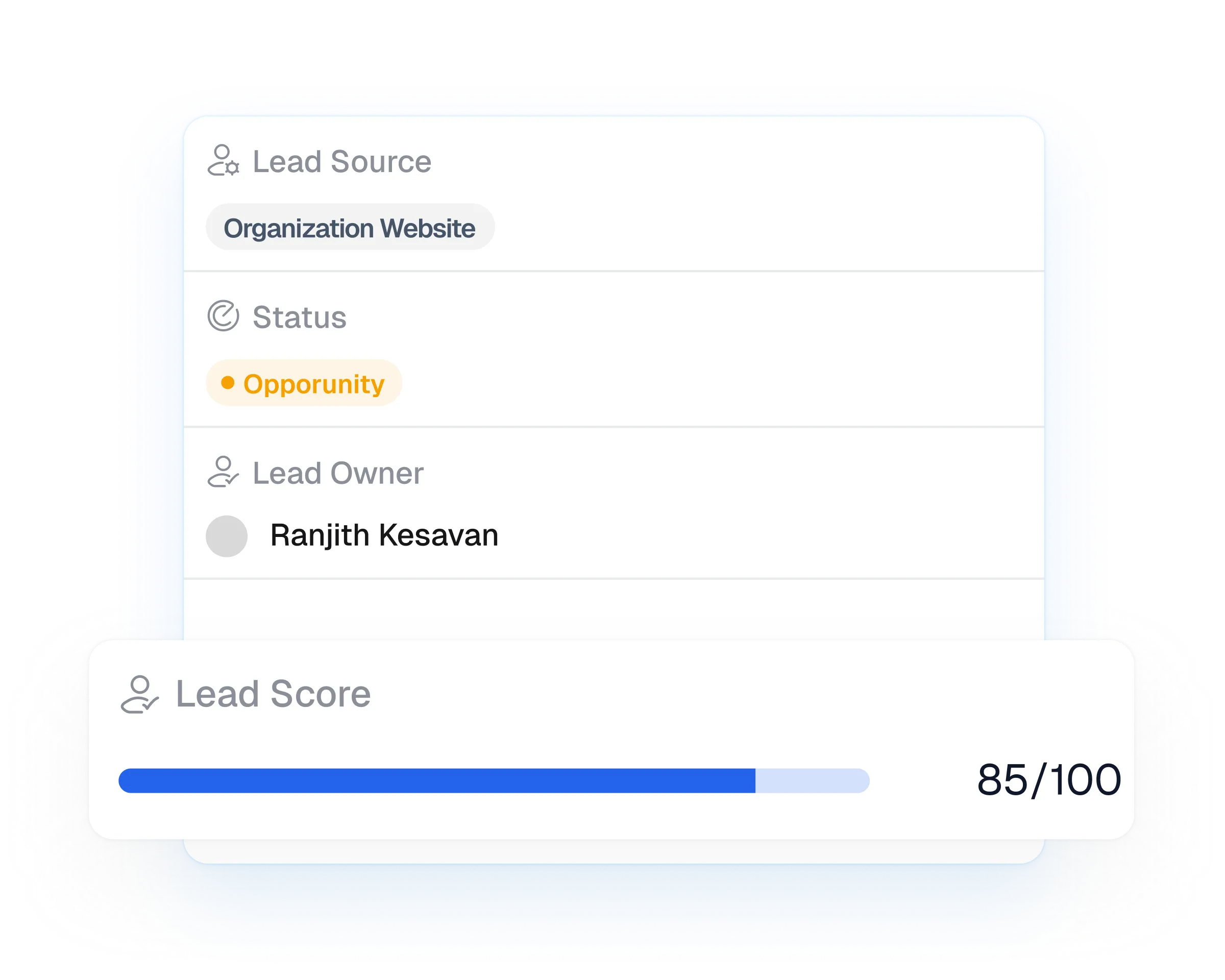 Customer profile card displaying lead source, opportunity status, assigned lead owner, and lead score progress.